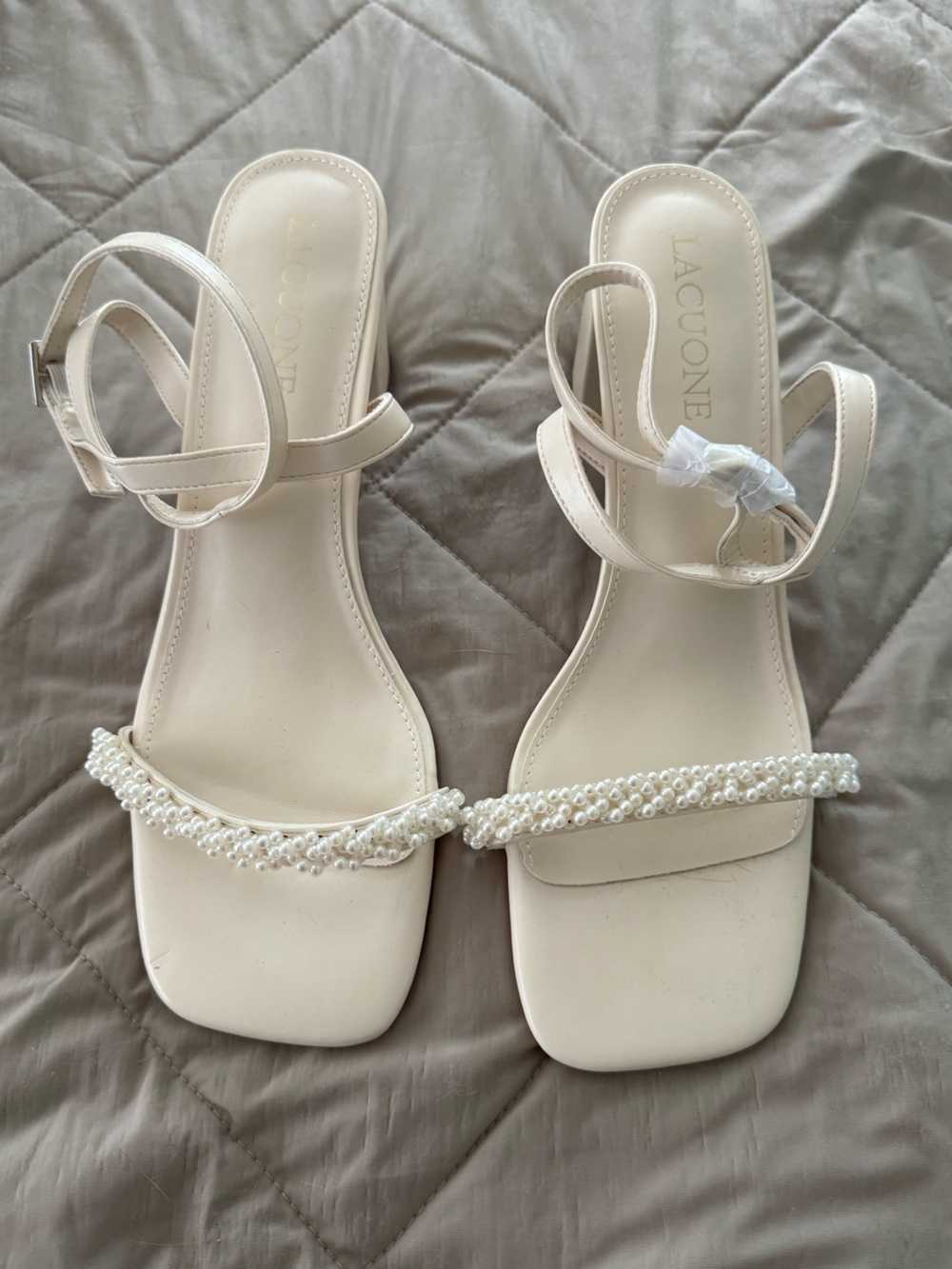 Lacune Cream Pearl-Embellished Block Heel Sandals